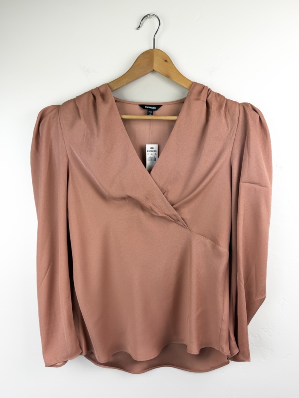 Express Blush Satin Surplice Puff Sleeve Blouse NWT Size S